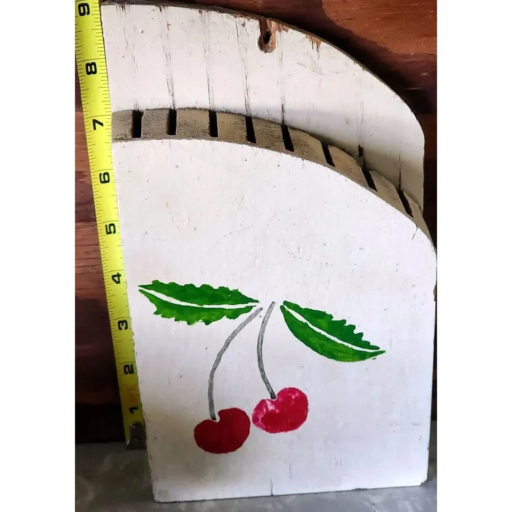 Vintage Farmhouse Wooden Hanging Knife Holder Cherry Design Holds 8 See Pic.